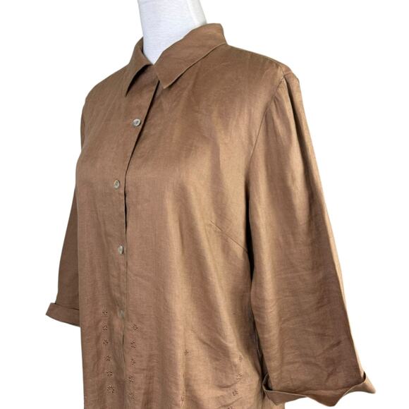 EColOGie Brown 100% Linen Embroidered Medallion Pattern Button Up 3/4 Sleeve Top - Picture 5 of 11